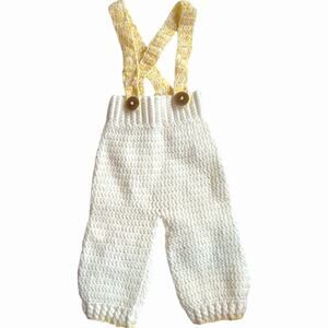 Hand knit Vintage Baby Unisex Suspender Overalls Yellow And White 3-6m